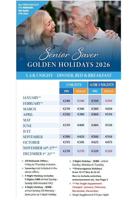 ></strong></p>
<p data-start="1160" data-end="1339">Single supplements apply on selected months. Availability and pricing vary throughout the year, with particularly good value available in January, February, November and December.</p>
<p data-start="1341" data-end="1460" data-is-last-node=" data-is-only-node=">Senior Saver Golden Holidays 2026 continue to be a popular choice for guests seeking value, comfort and a warm welcome.</p></div>
					<a id="ContentPlaceHolder_ContentPageAccordion_RpContentPageAccordion_lnkButton_0" class="btn btn-border" href="https://knockhousehotel.arosuite.com/sites/knockhousehotel/availability?StartDate=09-01-2025&nights=1&AdultsCount[0]=2&ChildrenCount[0]=0&bsid=71732119&_gl=1*14y04ep*_gcl_au*MjAyMzUxMjU5Ni4xNzMzMzI0Mjc3*_ga*MTg3MTI5MjcyMi4xNzI0NjgxNzgx*_ga_KBJVRXPJVC">3 /5 Night Senior Saver Offers - Knock House Hotel</a>
				</div>
			</div>
		</div>
	
		<div class="item content-el">
			<input id="ac-233" name="accordion-233" type="checkbox" />
			<label for="ac-233">3-Night Senior Saver Golden Holiday<span class="plus"></span></label>
			<div class="content-wrapper">
				<div class="content-wrapper-inner content-cms custom-list">
					<div><p class="MsoNormal">For those seeking a shorter yet equally enriching experience, our mini Senior Saver Golden Holiday is perfect. Valid for 3-night stays from Sunday to Thursday, you can check in on Sunday, Monday, or Tuesday nights.</p>
<p class="MsoNormal">This package includes:</p>
<ul>
<li class="MsoNormal">Three nights relaxing and peaceful accommodation</li>
<li class="MsoNormal">Sumptuous dinner each evening in our newly refurbished Courtyard Restaurant</li>
<li class="MsoNormal">A delightful Full-Irish breakfast every morning</li>
<li class="MsoNormal">Free cancellation up to 48 hours before your arrival</li>
<li class="MsoNormal">Full access to our sprawling 100-acre estate, including the iconic Knock Shrine & Basilica</li>
<li class="MsoNormal">Complimentary admission to the on-site Knock Museum</li>
<li class="MsoNormal">Free car parking and seamless Wi-Fi connectivity</li>
<li class="MsoNormal">Enjoy self-guided beautiful, peaceful walks around the superb grounds here in Knock.</li>
</ul></div>
					
				</div>
			</div>
		</div>
	
		<div class="item content-el">
			<input id="ac-340" name="accordion-340" type="checkbox" />
			<label for="ac-340">4-Night Senior Saver Golden Holiday<span class="plus"></span></label>
			<div class="content-wrapper">
				<div class="content-wrapper-inner content-cms custom-list">
					<div><p>Relish an extended stay at Knock House Hotel, where every moment is curated for your relaxation and enjoyment. Check in on a Sunday or Monday and depart on a Friday.</p>
<p class="MsoNormal">This package offers:</p>
<ul>
<li class="MsoNormal">Four nights of relaxing peaceful accommodation</li>
<li class="MsoNormal">Dinner each evening in our refurbished Courtyard Restaurant</li>
<li class="MsoNormal">Hearty Full-Irish breakfast to kickstart your mornings</li>
<li class="MsoNormal">Free cancellation up to 48 hours before your stay</li>
<li class="MsoNormal">Unrestricted access to our expansive 100-acre estate, encompassing the revered Knock Shrine & Basilica</li>
<li class="MsoNormal">Complimentary entry to the insightful Knock Museum</li>
<li class="MsoNormal">Free car parking and high-speed Wi-Fi</li>
<li>Enjoy self-guided beautiful, peaceful walks around the superb grounds here in Knock.</li>
</ul>
<p class="MsoNormal">&nbsp;</p></div>
					
				</div>
			</div>
		</div>
	
		<div class="item content-el">
			<input id="ac-232" name="accordion-232" type="checkbox" />
			<label for="ac-232">5-Night Senior Saver Golden Holiday<span class="plus"></span></label>
			<div class="content-wrapper">
				<div class="content-wrapper-inner content-cms custom-list">
					<div><p>Relish an extended stay at Knock House Hotel, where every moment is curated for your relaxation and enjoyment. Check in on a Sunday and depart on a Friday, with the added perk of a complimentary Sunday night